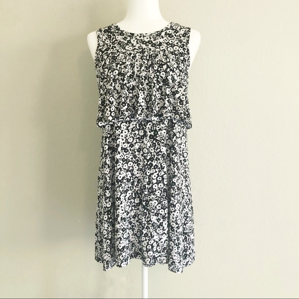 ana Black and White Floral Ruffle Mini Dress, XS